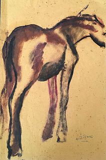 ALBERTO ZIVERI<br>Rome, 1908 - 1990<br><br>Horse, mid 1920s<br> Mixed media on brown paper, 40 x 27 cm<br>Signed lower right: A. Ziveri<br>Long tear o
