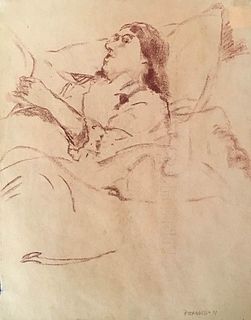 FAUSTO PIRANDELLO<br>Rome, 1899 - 1975<br><br>Lying woman, 1937<br>Brown charcoal on yellow paper, 28,5 x 23 cm<br>Signed and dated lower right: Piran