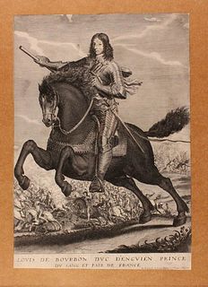 Pierre Mariette (1694-1774)<br><br>Louis of Bourbon on horseback in battle (portrait), 1690; Burin engraving by Pierre Mariette (1694-1774) printed in