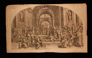 Giorgio Ghisi (1520-1582)<br><br>The School of Athens, about 1730; Burin engraving by Giorgio Ghisi (1520-1582), taken from the Vatican frescoes by Ra
