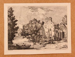 J. George Hertel (attivo sec. XVIII)<br><br>Landscape with cottage along the river / Landscape with cottage and farmers, 1780; Pair of etchings by J. 