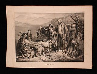 A. Dutot ( attivo nel XIX sec.) <br><br>Hunting scenes, couple: "La Dime" and "La mort du cerf", 1860; Lithographs by A. Dutot (active in the 19th cen