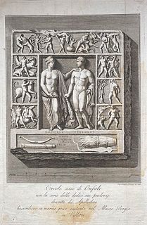 Francesco Piranesi (1758-1810)<br><br>HERCULES SERVANT OF ONFALE WITH THE SERIES OF TWELVE OF HIS FEATS DESCRIBED BY APOLLODORO BAS-RELIEF IN GREEK MA
