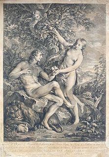 Laurent Cars (1699-1771) from François Lemoyne (1688-1737)<br><br>ADAM AND EVE TEMPTED BY THE SNAKE<br>Etching, 36,5 x 27 cm<br>Engraving in contrast 