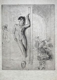 Edouard Chimot (1880-1950)<br><br>FEMALE NUDE<br>Etching - Aquatint, 26 x 21 cm<br>female nude in an interior scene <br>Very good specimen.