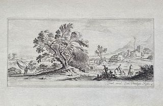 Stefano della Bella (1610-1664)<br><br>LANDSCAPE  TABLE 6<br>Etching, 11,7 x 25,5 cm<br>Fisherman with net on the left, tree in the center, two knight