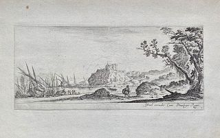 Stefano della Bella (1610-1664)<br><br>LANDSCAPE  TABLE 7<br>Etching, 11,2 x 25,5 cm<br>To the left several boats in the sea, in the center a man of t