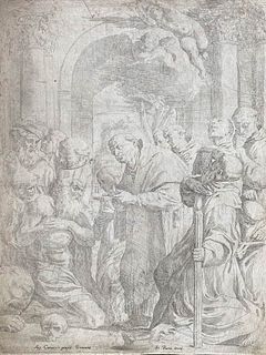 François Perrier (1590-1650) from Agostino Carracci (1557-1602)<br><br>LA COMUNIONE DI SAN GIROLAMO<br>Burin, 38 x 28,2 cm<br>The engraving reproduces