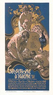 Adolf Hohenstein<br><br>Esposizione d'Igiene, 1900<br>Color lithograph, 36 x 26 cm<br>Esposizioni d'Igiene is a precious colored lithograph, printed b