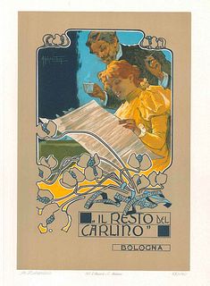 Adolf Hohenstein<br><br>Il Resto del Carlino<br>Color lithograph, 36 x 26 cm<br>Il Resto del Carlino is a precious and rare colored lithograph, printe