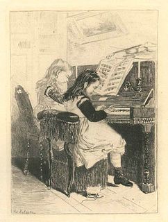Adolphe Lalauze<br><br>Piano Lesson<br>Black and white etching on Japon paper, 30,2 x 20,5 cm; Includes passepartout: 50.8 x 35 cm<br>Piano Lesson is 