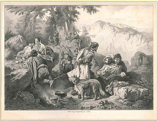 Adolphe Pierre Riffaut<br><br>Salvator Rosa at the Brigands, 1844<br>Original lithograph on paper after A. Guignot, 24,5 x 32,5 cm<br>Salvator Rosa at