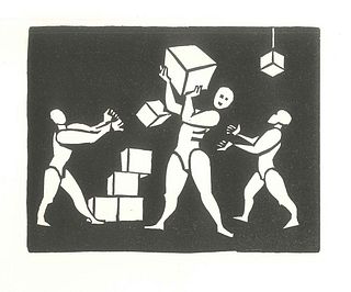 Albert Flocon<br><br>Dance of the Hoops, End of XX Century<br>Linoleum original print, 24,8 x 19,2 cm<br>Danse des Cercleaux is a very beautiful linol