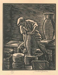 Andrè Desligneres<br><br>Potter at Work, XX Century <br>Original xylograph on paper, 33 x 25 cm; Passepartout included, 51 x 33 cm<br>Potter at Work i