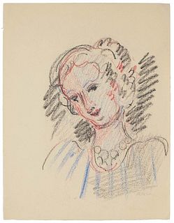 Anonymous XX cent.<br><br>Portrait of Woman<br>Pencil drawing on a blue-colored paper, 29 x 25 cm; including a white cardboard passepartout, 35 x 0.5 