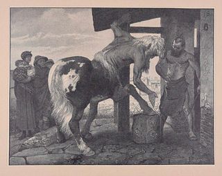 Arnold Böcklin (after)<br><br>Centaur In The Smithy, 1898<br>Black and white xylograph applied on Japan paper, 43,2 x 53,5 cm<br>Centaur In The Smithy