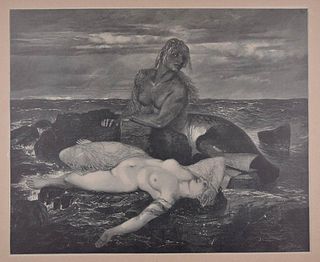 Arnold Böcklin (after)<br><br>Triton and Nereid, 1898<br>Black and white xylograph applied on Japan paper, 43,5 x 53,5 cm<br>Triton and Nereid is an o