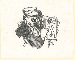 Auguste Lepère<br><br>Two Men with an Illustration, XIX Century <br>Xilograph, 5,5 x 7 cm<br>Two Men with an Illustration is an original artwork reali