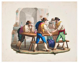 Bartolomeo Pinelli<br><br>Morra Game, XIX Secolo<br>Hand-colored print, 21 x 26 cm<br>Gioco Di Morra is an original hand-colored print realized by Bar