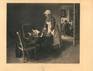Charles Courtry<br><br>François Bouvin's Housed, 1891<br>Etching, 31 x 44 cm<br>Chez François Bouvin is a wonderful etching realized in 1891 by Charle