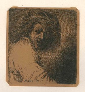Charles Jacque<br><br>Rienz, inspiré de Ribera, 1868<br>Etching, 12 x 11,2 cm; including a white cardboard passepartout, 55 x 37,5 cm<br>Rienz, inspir
