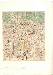 Chas  Laborde<br><br>Avenue du Bois, from Rues et Visages de Paris, 1926<br>Hand-colored etching and drypoint, 41 x 33 cm<br>Avenue du Bois is a hand-