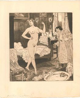 Emil Sartori<br><br>Erotic Scene VI - Illustration, 1907<br>Aquatint and etching, 34.4 x 30 cm<br>Original title : Die Jungfrau<br>This wonderful B/W 