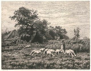 Ferdinand Chaigneau<br><br>Le Petit Troupeau, 1860<br>Etching and drypoint, 33 x 51,5 cm<br>Le Petit Troupeau is a fine original etching and drypoint 