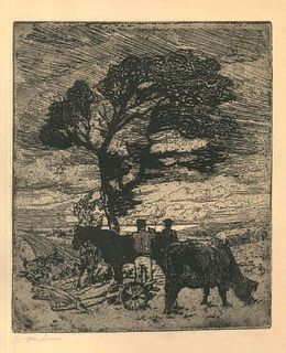Jacques Simon<br><br>The end of the day, 1910<br>Black and white etching, 31,4 x 23 cm<br>Fin de journée is a wonderful black and white etching realiz