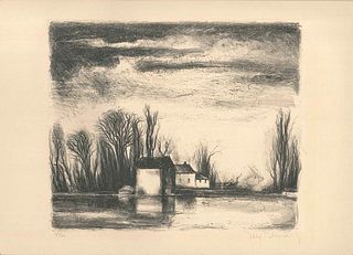 Jacques Thévenet<br><br>The House on the Water, XX Century <br>Original lithograph on paper, 32,5 x 42 cm<br>The House on the Water is an original art
