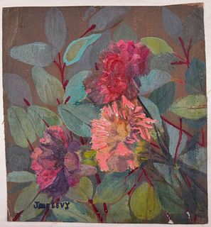 Jane Levy<br><br>Flowers, XX Century <br>Oil on tissue of canvas, 24 x 21,5 cm<br>Flowers is an original artwork realized in the middle of the XX cent