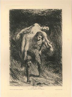 Jean Alexandre Falguière<br><br>Caïn et Abel, 1876<br>Etching, 31,3 x 24 cm<br>Caïn et Abel is a beautiful original black and white etching on paper, 