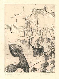 Jean Bondal<br><br>Ships<br>Etching,  32,5 x 25 cm<br>Ships is a beautiful etching realized by Jean Bondal (b. 1914).<br>Hand-signed and numbered in p