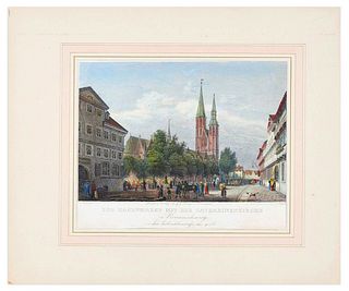 Johann Poppel<br><br>Der Hagenmarkt mit der Catharinenkirche, Middle of XIX Century<br>Watercolored etching on paper, 21.4 x 27.1 cm<br>Der Hagenmarkt
