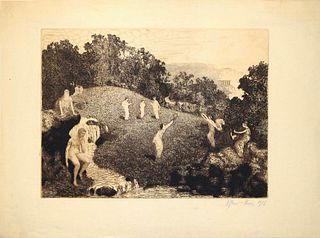 Jules Adrian Flour<br><br>Figures in the Landscape, 1916 <br>Original etching on paper, 35 x 47 cm<br>Figures in the Landscape is an original artwork 