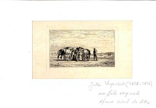 Jules Jacques Veyrassat<br><br>Horses in the Landscape, XIX Century<br>Original etching on paper, 13.5 x 20 cm<br>Horses in the Landscape is an origin
