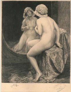 Jules Piel<br><br>Reflexion<br> Black and white etching on ivory-colored paper, 42 x 30.5 cm<br>Reflexion is a beautiful black and white etching on iv