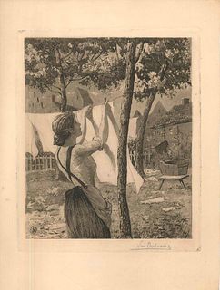 Léon Desbuissons<br><br>Woman Hanging Laundry, 1904<br> Black and white etching on ivory-colored paper, 32 x 25 cm<br>Woman Hanging Laundry is a beaut