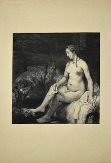 Léopold Flameng<br><br>The washing of the feet<br>Etching on paper d'aprés Rembrandt, 50.5 x 35 cm<br>Le Lavement des Pieds is an original artwork rea