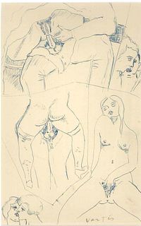 Marcel Vertés<br><br>Erotic Drawing n. 2<br>China ink on paper, 21 x 13,5 cm<br>Erotic Drawing n. 2  is an original blue China ink drawing on ivory co