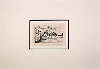 Maurice De Vlaminck<br><br>Cafè de Paris, 1927<br>Original drypoint and etching, 31 x 48 cm<br>Hand signed.<br>From the suite: "Visage de Maisons".<br