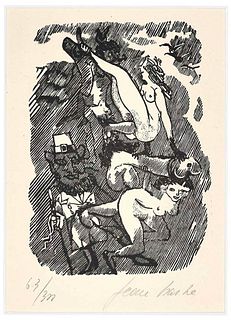 Mino Maccari<br><br>We are having fun, 1945<br> Black and white linocut on paper, 21 x 15.2 cm<br>On s'amuse is a beautiful black and white linocut on