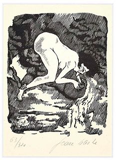 Mino Maccari<br><br>Pleasure, 1945<br> Black and white linocut on paper, 21 x 15.2 cm<br>Pleasure is a beautiful black and white linocut on ivory-colo