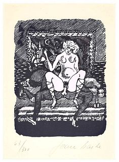 Mino Maccari<br><br>Under the Crescent Moon, 1945<br> Black and white linocut on paper, 21 x 15.2 cm<br>Under the Crescent Moon is a black and white l