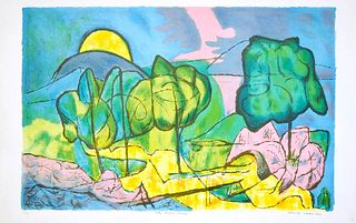 David Shapiro<br><br>Colorful Landscape<br>Lithograph on paper, 46 x 71 cm<br>The colorful landscape is a beautiful color lithograph on paper, realize