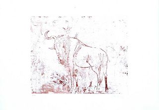 Aldo Pagliacci<br><br>Buffalo, 1971<br>Brown burnt Sienna ink linoleum original print on paper, 46 x 62.7 cm<br>Bufalo is a wonderful brown burnt Sien
