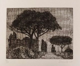 Armando Buratti<br><br>Rome, Park of the Aqueducts, 1967 <br>Black and white etching, 24 x 25.5 cm<br>"Rome, Parc of Aqueducts" is a nice little B/W e