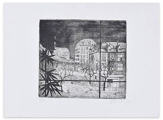 Armando Buratti<br><br>Paris, 1947<br>Original black and white etching, 35 x 47.7 cm<br>Paris is an original artwork realized in 1947 by Armando Burat