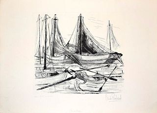 Claude Piechaud<br><br>Fishing Port, XX Century<br>Etching on paper, 45.5 x 63 cm<br>Port de Pêche is an original artwork realized by the French artis