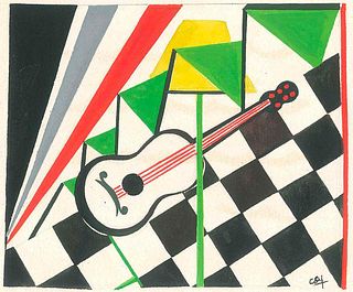 Esy A. Belluzzi<br><br>Guitar, Middle of XX Century<br>Tempera painting on ivory-colored paper, 21.2 x 24.4 cm<br>Guitar is a beautiful original tempe